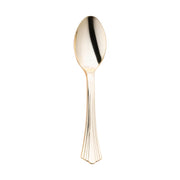 Shiny metallic groove gold plastic spoons, 6.25 inches long, featuring a sleek and modern design, sold in a case of 600