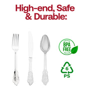 Shiny metallic silver Baroque plastic cutlery set, BPA-free and safe for dining, designed for up to 600 guests