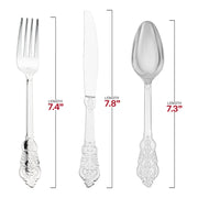 Shiny metallic silver Baroque plastic cutlery set, measuring 7.3” - 7.8”, perfect for serving 600 guests