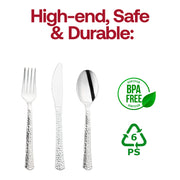 Shiny metallic silver hammered plastic cutlery set, BPA-free and durable, designed for safe dining for up to 1,000 guests