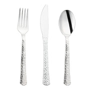 Shiny metallic silver hammered plastic cutlery set, ranging from 6.75” to 7.75”, perfect for upscale dining experiences