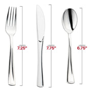 Shiny metallic silver plastic cutlery combo set for 120 guests, featuring forks, knives, and spoons in 6.25”-7.5” sizes