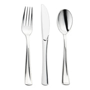 Shiny metallic silver plastic cutlery combo set for 120 guests, including forks, knives, and spoons with a sleek finish