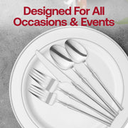 Shiny silver Moderno disposable plastic cutlery set designed for convenient disposal at catered parties and events