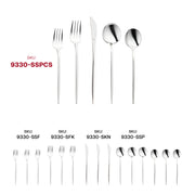 Shiny silver Moderno disposable plastic cutlery set featuring premium forks, knives, spoons, and dessert utensils for elegant events