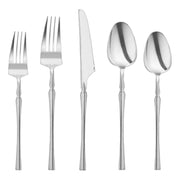 Shiny silver Moderno disposable plastic cutlery set including forks, knives, spoons, dessert forks, and dessert spoons