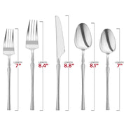 Shiny silver Moderno disposable plastic cutlery set with forks (8.4"), knives (8.8"), spoons (8.1"), dessert forks (7"), and dessert spoons (7")
