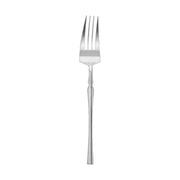 Shiny silver Moderno disposable plastic dinner forks, 8.4", case of 300, featuring a sleek metallic finish for stylish dining.