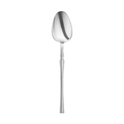 Shiny silver Moderno disposable plastic dinner spoons, 8.1", case of 300, featuring a sleek metallic finish for stylish dining