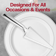 Shiny silver cake cutters (SKU 435-SV) shown alongside gold and clear versions, showcasing available color options for event styling