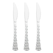 Shiny silver plastic knives with a glamorous design, 7.5 inches long, disposable and practical for various dining occasions