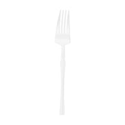Shiny white Moderno disposable plastic dessert forks, 7", case of 240, featuring a sleek modern design for elegant dining