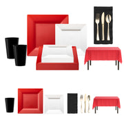 Showcase bold fan pride with red dinner plates and gold cutlery from this Red, Black & Gold Party Set.