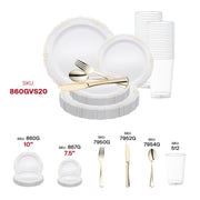 Showcase your taste with the White with Gold Vintage Rim Round Disposable Plastic Wedding Value Set, offering gold-trimmed sophistication for upscale events