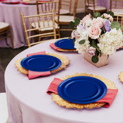 Side-by-side view of 10-inch dinner plate and 9.5-inch salad plate in solid blue, labeled with dimensions for clear size reference