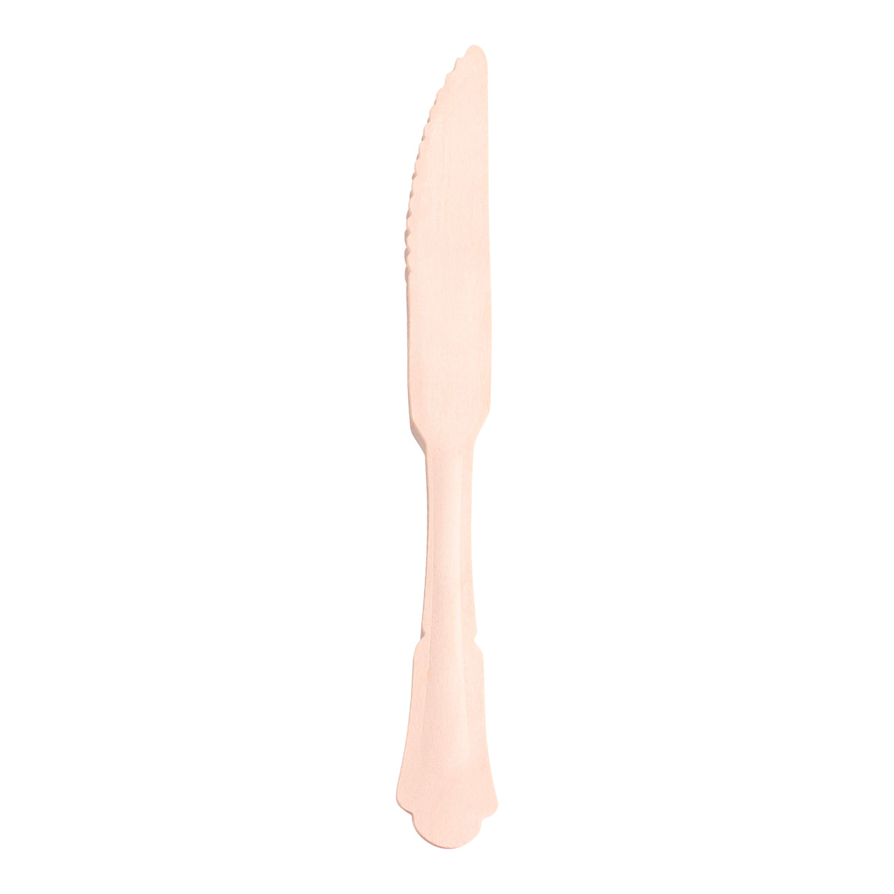 A beige, serrated plastic knife with a slightly rounded tip mimics the look of Silhouette Birch Wood Eco Friendly Disposable Dinner Knives. The decorative handle, featuring subtle ridges near the blade and a simple design at the end, enhances its eco-friendly appeal. The background is plain white.