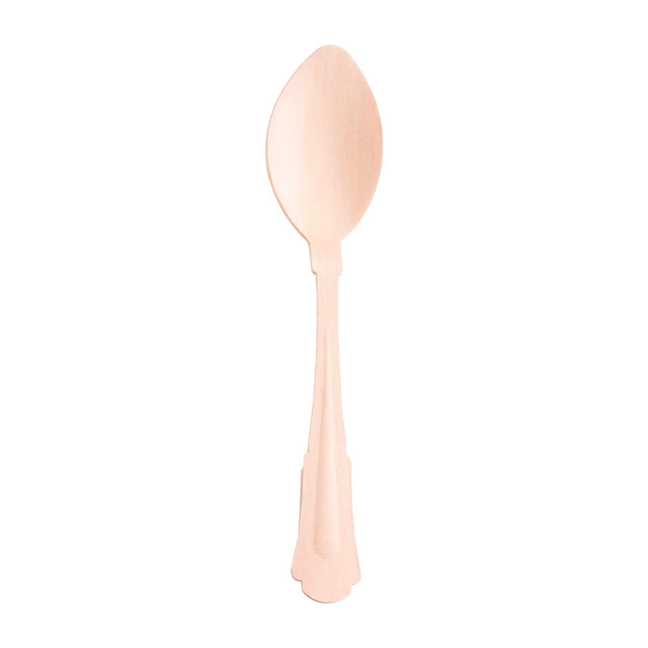 The Silhouette Birch Wood Eco Friendly Disposable Dinner Spoon is a single, elegant utensil crafted from natural birch wood that features a smooth, polished surface. The spoon has a gently curved bowl and a slender, slightly ornate handle. Its light, natural color gives it a rustic yet refined appearance. The eco-friendly spoon is set against a plain white background.