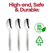 Image showing three Silver Disposable Plastic Serving Spoons side by side, with text above them reading "High-end, Safe & Durable." To the right of the spoons are icons indicating the product is BPA Free and recyclable (with a recycling symbol and the number 6 PS). These elegant disposable spoons are perfect for any occasion.