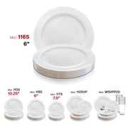 Silver-rimmed white plastic plates, 6-inch round size