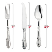 Silver Baroque disposable plastic cutlery set, BPA-free and food-safe, including 8" forks, 9" knives, and 8.25" spoons for stylish dining