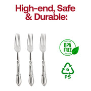 Silver Baroque disposable plastic dinner forks, BPA-free and food-safe, perfect for elegant dining