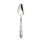 Silver Baroque disposable plastic dinner spoons, 8.25 inches long, available in a bulk case of 240