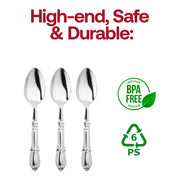 Silver Baroque disposable plastic dinner spoons, BPA-free and food-safe, perfect for elegant dining