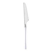 Silver Moderno disposable plastic dinner knives with white handles, 240-count case, measuring 8.8", perfect for events.