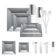 Silver Square Disposable Plastic Tableware Set with silver cutlery brings sleek elegance to weddings, parties, and events
