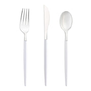 Silver and white disposable plastic cutlery set with modern handles, perfect for weddings, parties, or special occasions