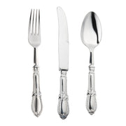 Silver disposable Baroque-style plastic cutlery set, combining convenience with elegance for effortless single-use dining