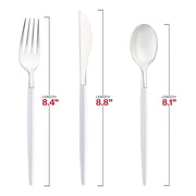 Silver disposable plastic cutlery set with elegant white handles, including forks (8.4"), knives (8.8"), and spoons (8.1"); case of 240