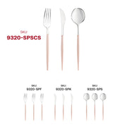 Silver disposable plastic cutlery set with pink handles, 8", offering a sophisticated look with the convenience of single-use dining