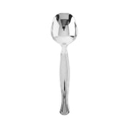 Silver disposable plastic serving spoons, 9.75 inches long, perfect for buffets and catering