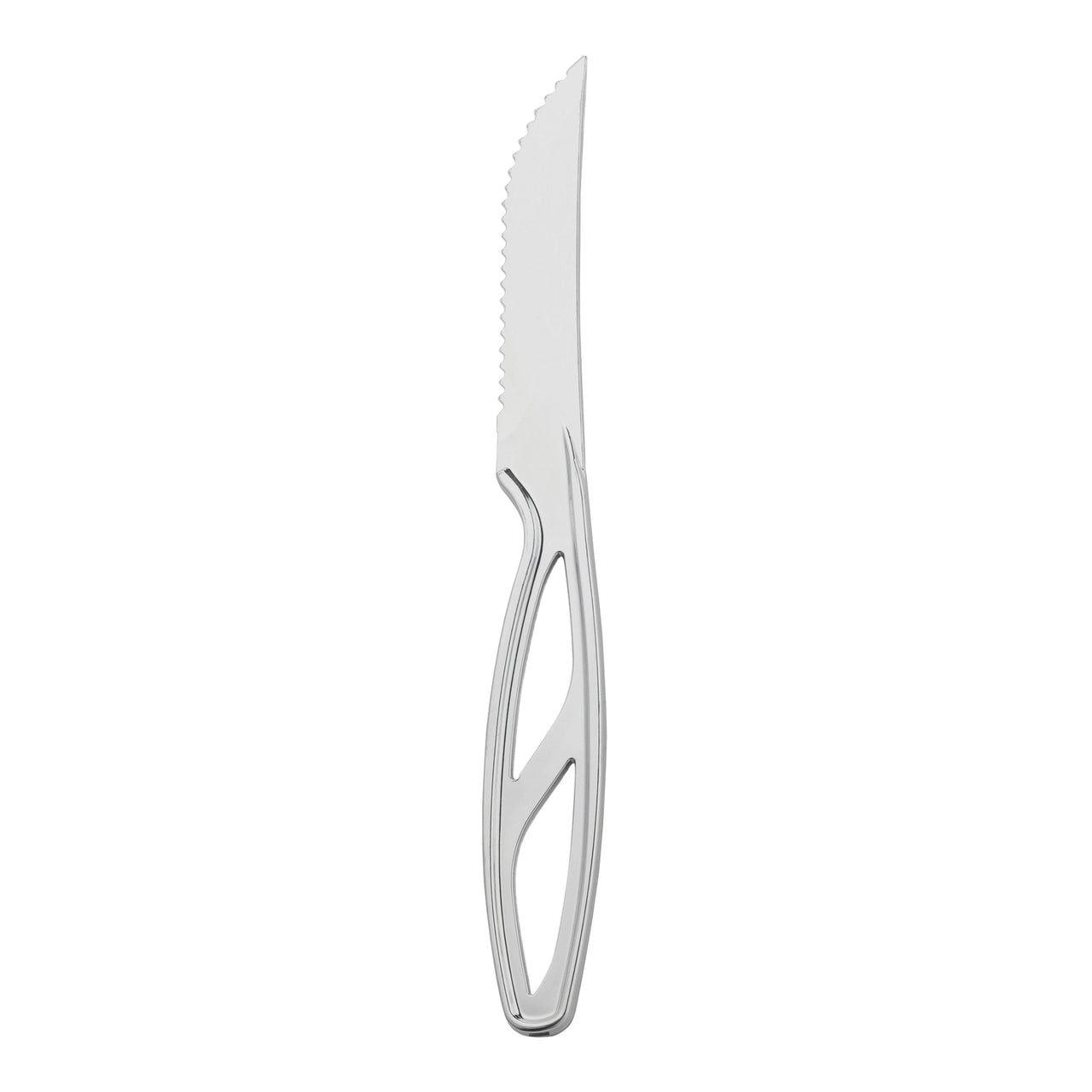 Silver disposable plastic steak knives, 8.5", strong and practical for effortless single-use dining at events and outdoor gatherings