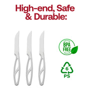 Silver disposable plastic steak knives, BPA-free and food-safe, 8.5" long, durable and sharp for cutting steak and other meats at events
