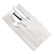 Silver plastic cutlery set wrapped in a white pocket napkin, designed for 70 guests, perfect for events and catering.
