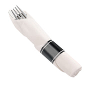 Silver plastic cutlery wrapped in white napkin rolls, perfect for events and catering