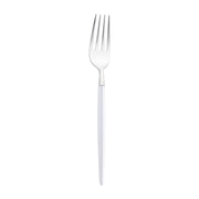 Silver plastic dinner forks with disposable convenience, featuring sleek white handles, available in 240-pack