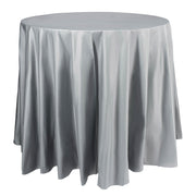 Silver round plastic tablecloth, 84-inch diameter, disposable and ideal for parties, events, or catering, case of 96.