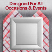 Silver square edge beaded disposable paper charger plates, perfect for upscale events