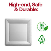 Silver square edge paper charger plates with a beaded border, 13-inch round size, disposable, BPA-free