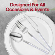 Silver with White Handle Moderno Disposable Plastic Cutlery Set – includes 20 spoons, 20 forks, and 20 knives; reliable, stylish cutlery designed for polished and seamless service.