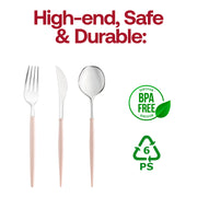 Silver with pink handle Moderno disposable plastic cutlery set, BPA-free and food-safe, 8" long, perfect for stylish dining at events