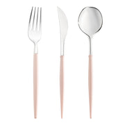 Silver with pink handle Moderno disposable plastic cutlery set, case of 240, 8" long, combining elegance and practicality for any event