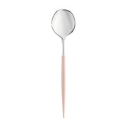 Silver with pink handle Moderno disposable plastic dinner spoons, 8 inches long, available in a 240-piece case