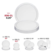 Simple and sleek clear flat plastic pastry plates, 6.25 inches in diameter, disposable and sold in packs of 120