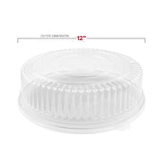 Size chart for 12 inch clear high dome lids, professional-grade disposable tray covers for event planners and bakeries.