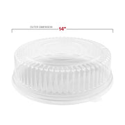 Size specifications for 14 inch clear high dome plastic lids, professional-grade disposable tray covers for large-scale catering.