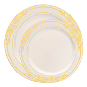 Sleek and elegant, this dinnerware set features ivory plates with gold detailing, perfect for both casual and formal events